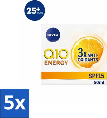 Obrázok produktu pre NIVEA - Denný krém Q10 Energy - krém proti vráskam - normálna a unavená pleť - SPF 15 - s vitamínom C a Q10 - 50 ml - hodnotné balenie - 5 kusov