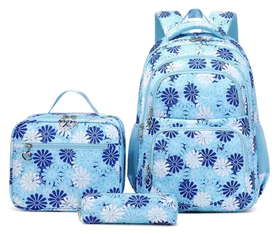 Image de Ensemble de sac à dos pour filles, adolescentes, pour l'école primaire, de couleur bleue, comprenant un sac à déjeuner et une trousse