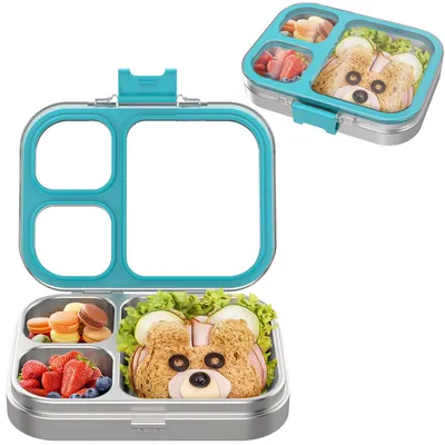 Produktbild von Lunchbox aus Edelstahl mit 3 Fächern, Bento-Lunchbox für Kinder, auslaufsicher, BPA-frei, spülmaschinenfest, perfekt für Schule, Kindergarten und unterwegs (blau)