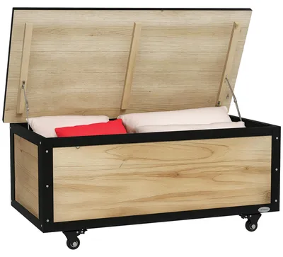 Produktbild von Garten-Aufbewahrungsbox, 121 Liter, 2 Räder, wetterfest, Metallscharniere, Naturholz, 100x50x43 cm