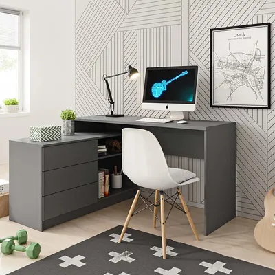Zdjęcie produktu dla BETTSO Biurko narożne z 3 szufladami i kontenerkiem do biura SMART Grafitowe