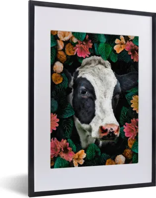 Produktbild von MuchoWow® MuchoWow® Gerahmtes Poster Kuh - Blumen - Blätter - Tiere 30x40 cm - Poster mit zchwarzem Bilderrahmen - Wandposter Schlafzimmer