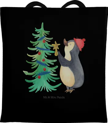 Produktbild von Mr. & Mrs. Panda Tote Bag Pinguin Weihnachtsbaum - Schwarz - Geschenk, Laptoptasche, Weihnachten, Einkaufstasche, Schultasche, Einkaufstüte, Jutebeutel, Tasche, Winter