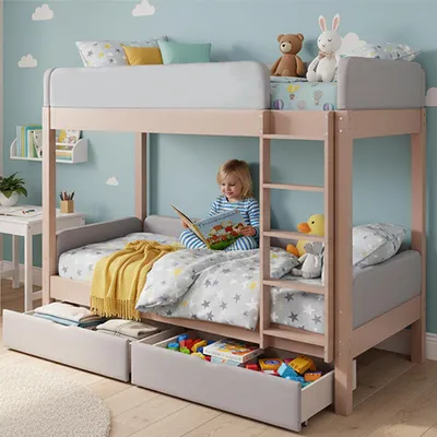 Obrázok produktu pre Merax poschodová posteľ 90x200cm s rebríkom a 2 zásuvkami, detská posteľ s ochranou proti kolíziám, posteľ pre mládež s roštom, kaučukové drevo + MDF, sivá + prírodná