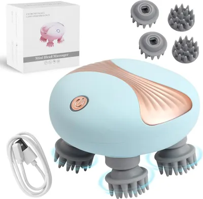Immagine prodotto di Massaggiatore elettrico per la testa - Pratico massaggiatore per il cuoio capelluto - Impermeabile IPX7 - 4 testine massaggianti - 2 velocità - Ricaricabile tramite USB - Blu