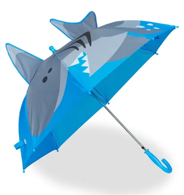 Image de Parapluie Relaxdays pour enfants, motif 3D requin, parapluie pour garçons et filles, Ø 78 cm, petit parapluie droit, bleu/gris