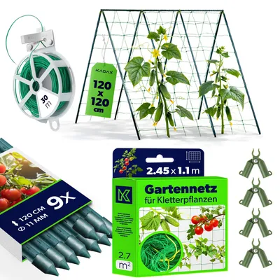 Produktbild von KADAX Gurken Rankhilfe Set – 9 x Pflanzstab 120 cm, Ranknetz 1,8 x 5 m, 4 x Pflanzstab-Verbinder, 30 m Gartendraht – Gurkenrankhilfe, Rankgitter, Gurkenrankgitter