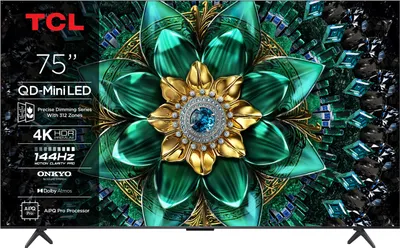 A TCL smart TV with a colorful, abstract image displayed on its screen, featuring a large, ornate floral design.