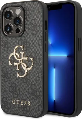 A close-up shot of an iPhone 14 Pro case with the Guess logo.