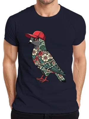 Immagine prodotto di T-shirt da uomo, blu navy, taglia XXL, con motivo di una colomba che indossa un berretto da baseball, fiori di ciliegio, stile urbano giapponese, ispirazione Y2K