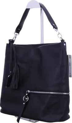 A black faux leather handbag displayed on a stand against a white background.