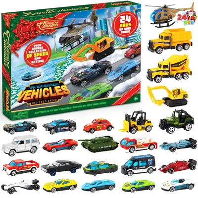 Imagen del producto de Calendario de Adviento navideño JOYIN para niños, con 24 días de cuenta regresiva, que incluye coches de juguete de metal y es un set ideal para niños y niñas