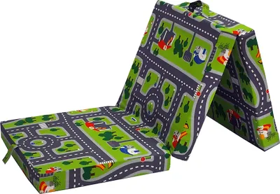 A folded play mat with a road map design.