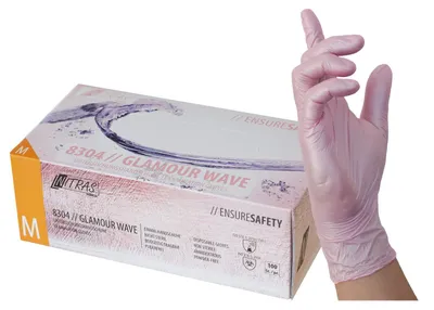 Produktbild von NITRAS GLAMOUR WAVE, Nitril-Einmalhandschuhe, rosa, perlmuttfarben, EN 455, EN ISO 21420, EN ISO 374, EN 421, Box à 100 Stück Gr.: S