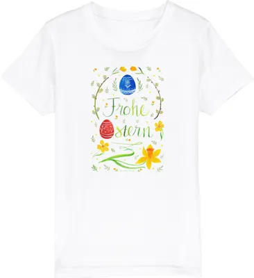 Produktbild von Mr. & Mrs. Panda Kleinkinder T-Shirt Ostern Frohe Ostern 5-6 Jahre (110/116) - Weiß - Geschenk, Kinder Kurzarm, Öko, Kindershirt, Bemalte Ostereier, Osterblume, Osterei