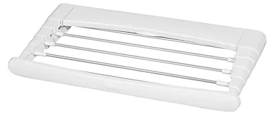 A white, foldable drying rack with silver bars is shown against a white background.