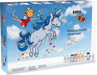 Produktbild von Fensterfarb-Set "Glitterwereld", 7 x 80 ml Fensterfarbe, inklusive 80 ml Konturfarbe, 2 Folien, silbernen Glitzer und Schablonen