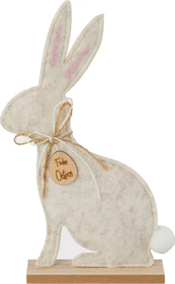 Produktbild von Filz HASE sitzend auf Holzbase, 37cm. Deko Osterhase Filzhase Creme