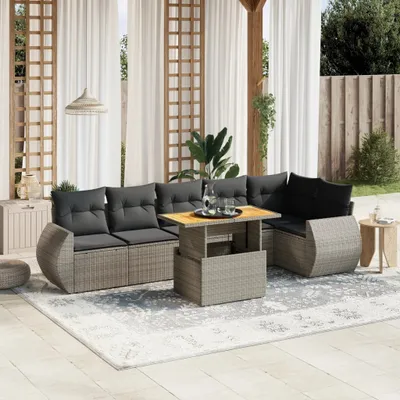 Produktbild von Design 7-tlg. Garten-Sofagarnitur mit Kissen Grau Poly Rattan, Gartenmöbel-Sets 2024 Neu