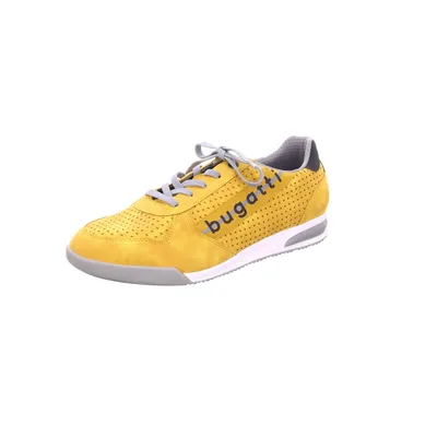A single yellow sneaker is shown from a side-diagonal angle against a white background.