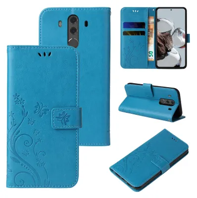 Produktbild von Handyhülle für Huawei Mate 10 Pro Floral Blumen Schmetterling Flip Cover Hülle Case Klapphülle Handytasche Farbe: Blau