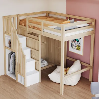 A child's loft bed with integrated storage and wardrobe, set up in a room.