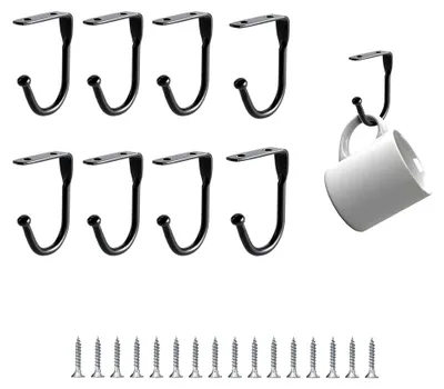 Produktbild von Unterregalhaken, 8 Stück Metalltassenhalter für die Küche, schwarze Haken mit 16 Schrauben, robuste Halterungen für Tassen und Utensilien, einfache Montage