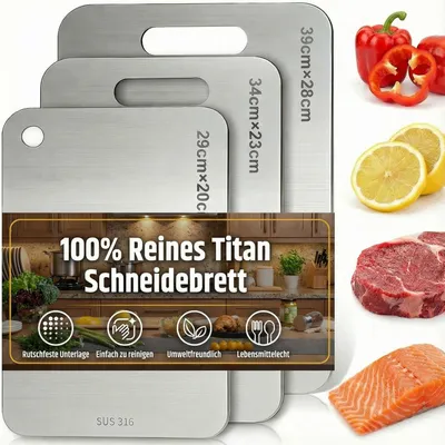 Produktbild von 3-teiliges Schneidebrett-Set aus Titan, Schneidebrett aus Edelstahl 304, Titan-Schneidebrett, 2026 Premium-Titan-Schneidebretter, für Outdoor-Küche, Camping, Wandern (29x20cm, 34x23cm und 39x28cm)