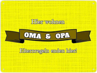 Produktbild von Metallschild XXL in 28x38 cm Hier wohnen Oma & Opa mit Stoffoptik in gelb und