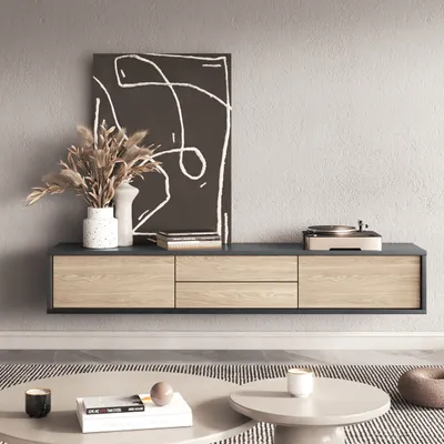 Produktbild von Masseno TV-Schrank LIVIA 180 cm Fernsehschrank mit 2 Schubladen und 2 Türen TV-Lowboard für Wohnzimmer Modern 180x36x32 cm Anthrazit / Eichefarben