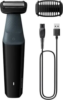 A black and gray electric body hair trimmer with its accessories, including a charging cable and a comb attachment, displayed on a white background.