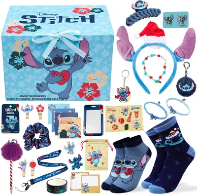 Zdjęcie produktu dla Kalendarz adwentowy Disney Stitch na rok 2025 dla dziewcząt i nastolatek, zestaw prezentowy z akcesoriami, skarpetkami, papierem do pisania i biżuterią