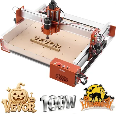 A collage of images featuring a CNC router, carved wooden items, and Halloween-themed graphics.