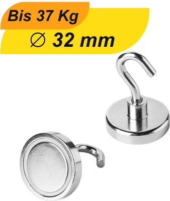 Produktbild von Magnethaken Topfmagnet mit Haken D 32 mm 37 Kg Neodym Magnet M5 Gewinde-1 Stück