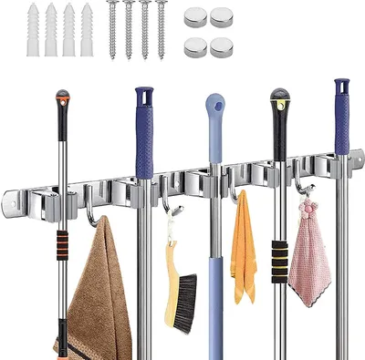 Produktbild von Besen Mop Halter, Besenhalterung Wand, Gerätehalter Wandhalterung Haben 5 Schlitze Und 4 Haken, Gerätehalter Edelstahl Für Badezimmer、Küche、Garten、Garage