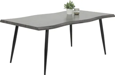A dining table with a live edge top and black metal legs, with a small potted plant and a jar on top.