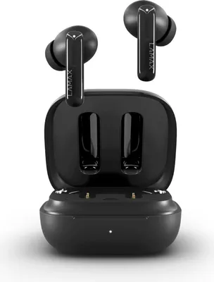 A pair of black wireless earbuds and their charging case are displayed against a white background.