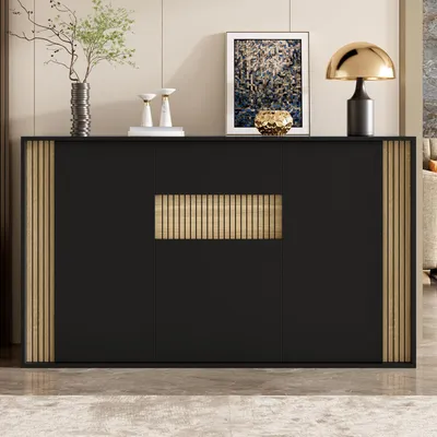 Obrázek produktu pro Komoda/skříňka do obývacího pokoje, rozměry 140x40x82 cm, s 3 dvířky a 1 zásuvkou, s nastavitelným LED osvětlením, barva černá, materiál: dřevotříska