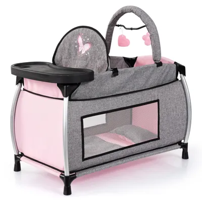 Productafbeelding van Bayer Design 62833AA Poppenbed met geïntegreerde kinderstoel, eetblad, mobiel, dekbed, kussen, modern, geschikt voor poppen tot 46 cm