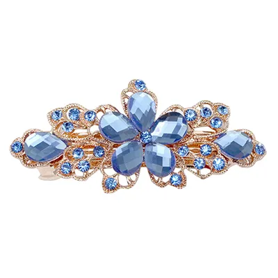 Produktbild von Damen Mode Blume Blatt Kristall Strass Haarspange Clip Haarnadel Schmuck-Blume + Saphirblau