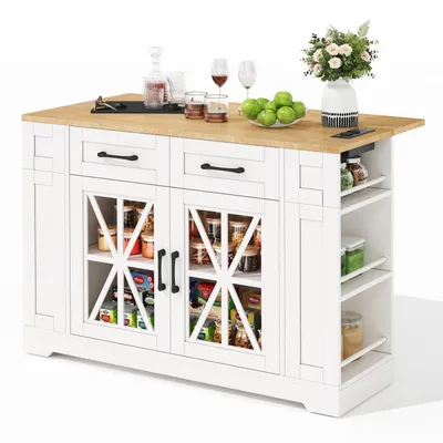 Produktbild von 120cm tragbare Kücheninsel mit klappbarem Esstisch, offener Ablage, AC-Anschluss, USB-Anschluss, Glastür, verstellbares Laminat, Rollen mit Bremsen