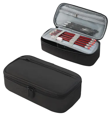 Produktbild von Großes schwarzes Federmäppchen mit 3 Fächern, geräumiges Schreinetui, Schreibtisch-Organizer mit Reißverschluss, großes Federmäppchen für Schule, Büro und Reisen.