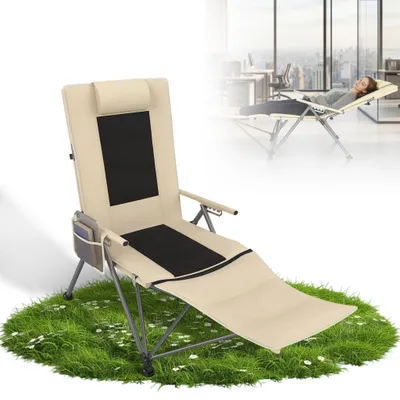 Image de Chaise de pêche CEEDIR, chaise pliante rembourrée à hauteur réglable avec appui-tête et dossier, chaise de camping pliable pour le camping, la pêche et les loisirs, beige