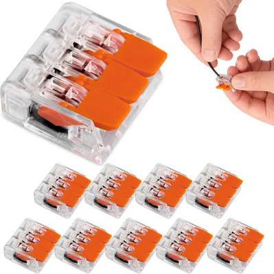 Obrázok produktu pre 3-pólová páčková svorka 10 kusov 32 A 450 V do 4 mm² Spojovacie svorky Transparentné 3-vodičové káblové konektory s páčkou