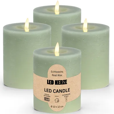 Image de Bougies LED, set de 4, flamme vacillante, Ø 10x12 cm, sauge