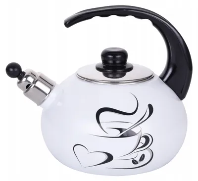 A white enamel kettle with a black handle and lid, decorated with a black graphic of a steaming cup of coffee and a heart.