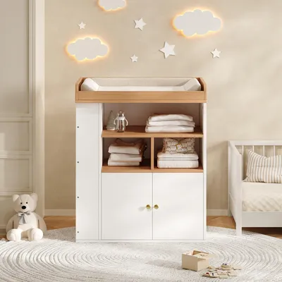 Produktbild von 2-in-1 Baby-Wickelkommode 82 x 50 x 100 cm mit abnehmbarem Aufsatz, Weiß und Holzoptik