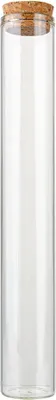 A clear, professional studio shot of a tall, cylindrical glass jar with a cork stopper.