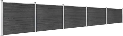 A long, grey fence made of composite wood panels supported by silver posts, shown against a white background.