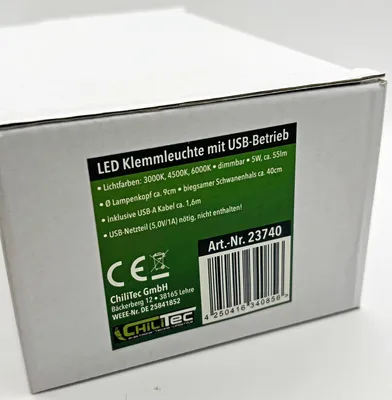 Produktbild von LED Klemmleuchte mit USB-Betrieb 40cm Schwanenhals, dimmbar, 55lm